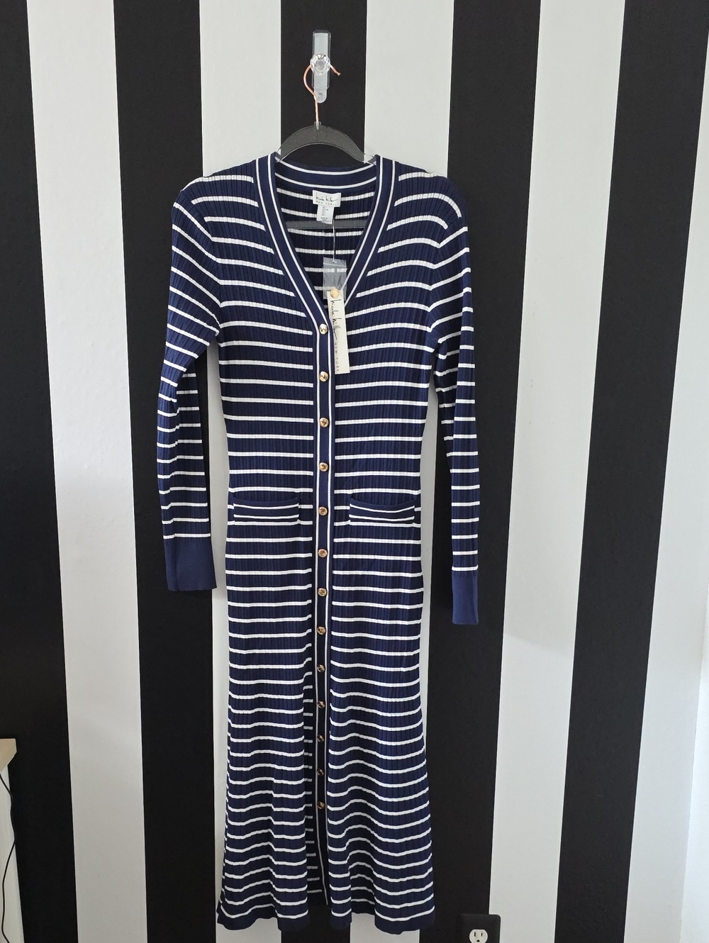 Nicole Miller Navy and White Striped Long Sleeve Maxi Cardigan Dress